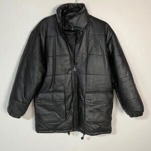 KC Collections Black Leather Puffer Jacket Men’s Small Pockets Zip Closure